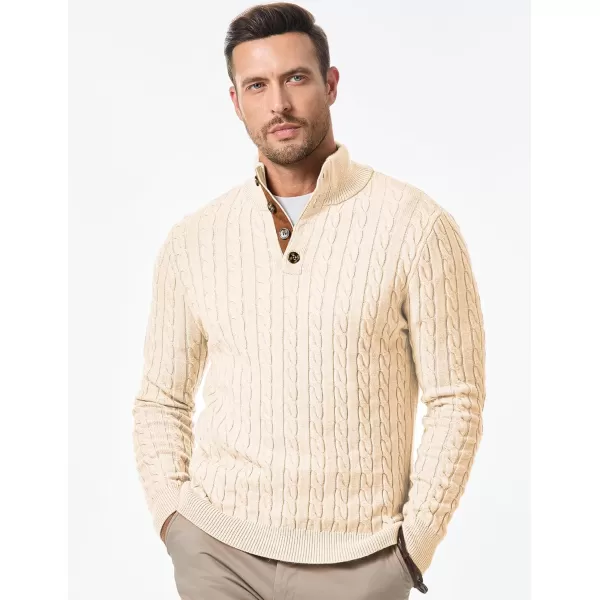 imageJMIERR Mens Cable Knit Pullover Sweater Casual Long Sleeve Stand Collar Button Knitted SweatersApricot
