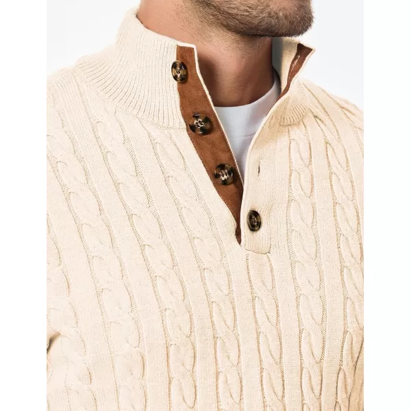 imageJMIERR Mens Cable Knit Pullover Sweater Casual Long Sleeve Stand Collar Button Knitted SweatersApricot