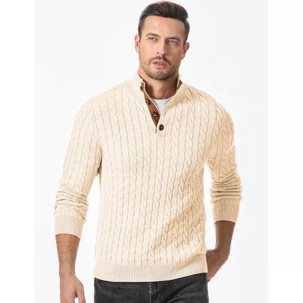 imageJMIERR Mens Cable Knit Pullover Sweater Casual Long Sleeve Stand Collar Button Knitted SweatersApricot