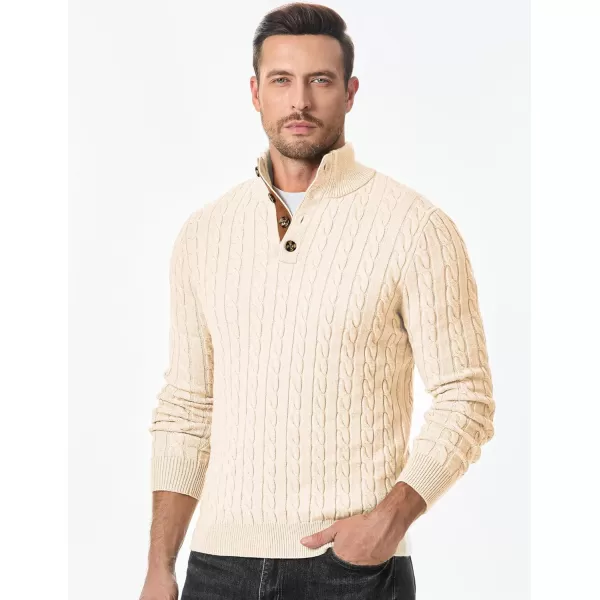 imageJMIERR Mens Cable Knit Pullover Sweater Casual Long Sleeve Stand Collar Button Knitted SweatersApricot