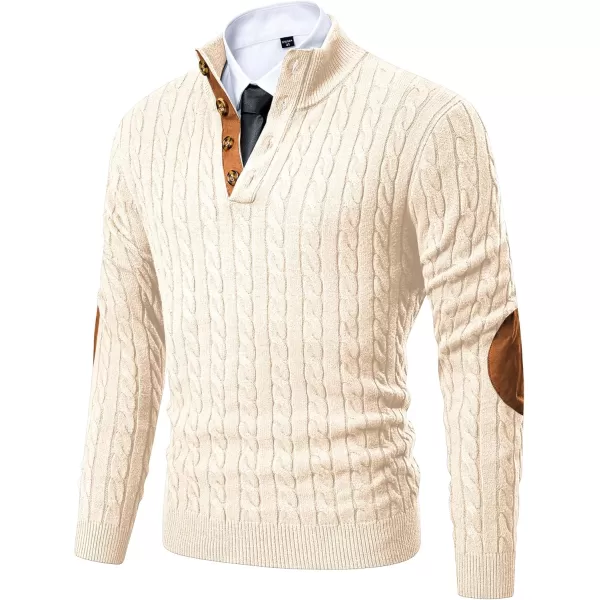 imageJMIERR Mens Cable Knit Pullover Sweater Casual Long Sleeve Stand Collar Button Knitted SweatersApricot