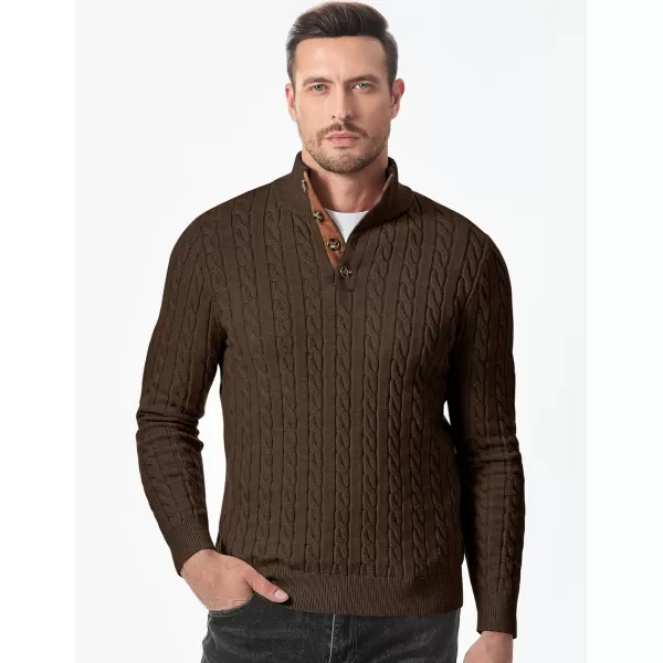 imageJMIERR Mens Cable Knit Pullover Sweater Casual Long Sleeve Stand Collar Button Knitted SweatersBrown