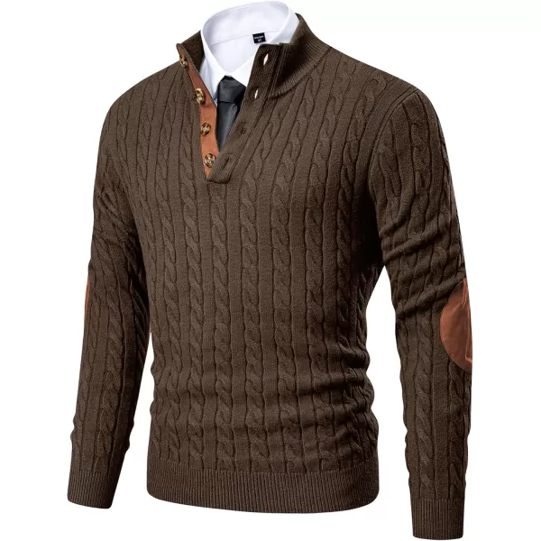 imageJMIERR Mens Cable Knit Pullover Sweater Casual Long Sleeve Stand Collar Button Knitted SweatersBrown