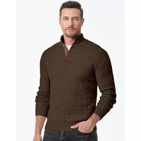 imageJMIERR Mens Cable Knit Pullover Sweater Casual Long Sleeve Stand Collar Button Knitted SweatersBrown