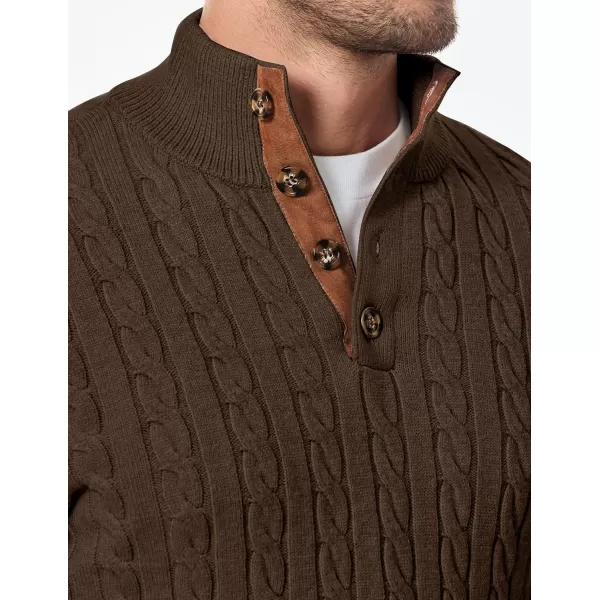 imageJMIERR Mens Cable Knit Pullover Sweater Casual Long Sleeve Stand Collar Button Knitted SweatersBrown