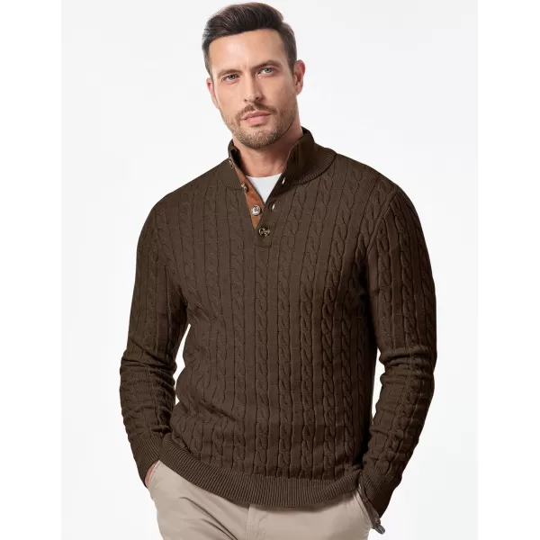 imageJMIERR Mens Cable Knit Pullover Sweater Casual Long Sleeve Stand Collar Button Knitted SweatersBrown