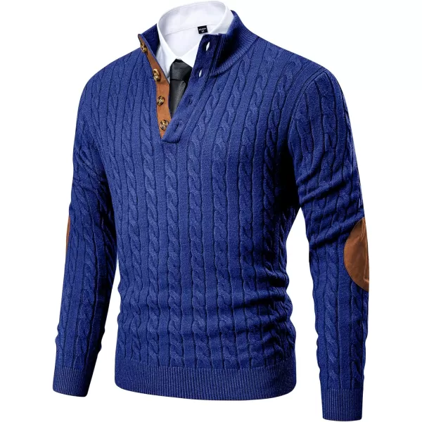 imageJMIERR Mens Cable Knit Pullover Sweater Casual Long Sleeve Stand Collar Button Knitted SweatersDark Blue
