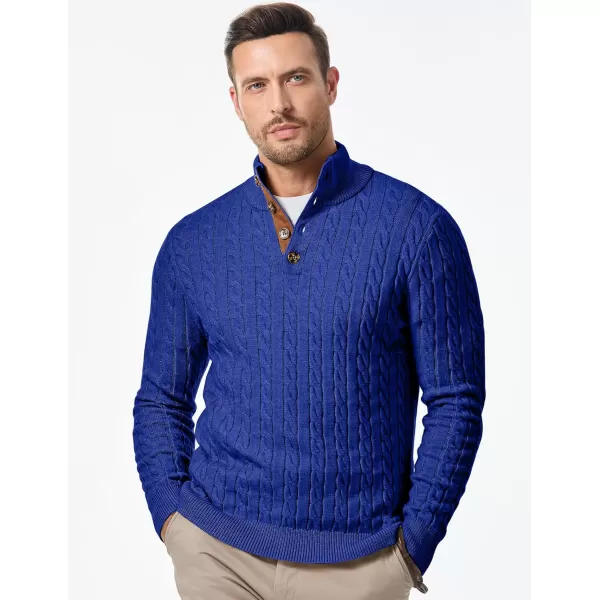 imageJMIERR Mens Cable Knit Pullover Sweater Casual Long Sleeve Stand Collar Button Knitted SweatersDark Blue