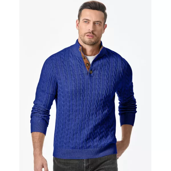imageJMIERR Mens Cable Knit Pullover Sweater Casual Long Sleeve Stand Collar Button Knitted SweatersDark Blue