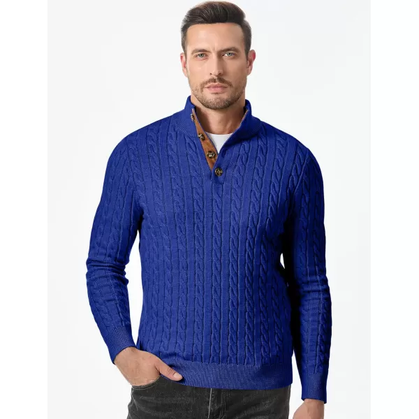 imageJMIERR Mens Cable Knit Pullover Sweater Casual Long Sleeve Stand Collar Button Knitted SweatersDark Blue