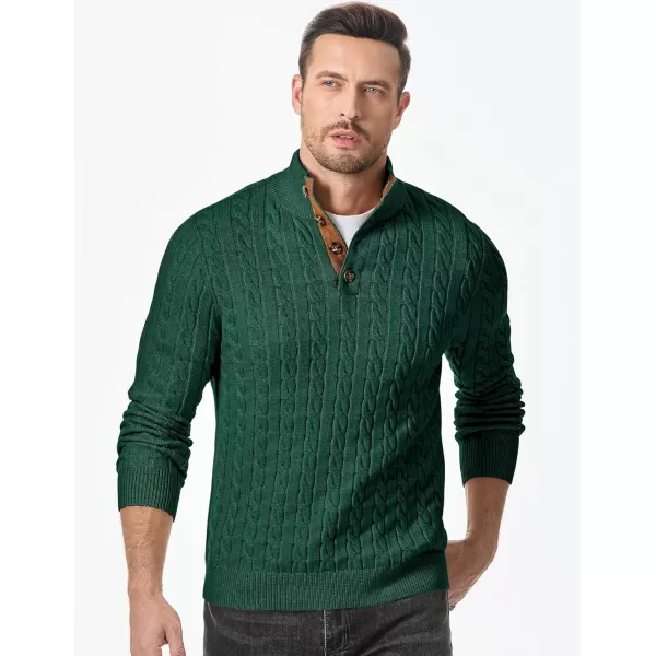 imageJMIERR Mens Cable Knit Pullover Sweater Casual Long Sleeve Stand Collar Button Knitted SweatersDark Green