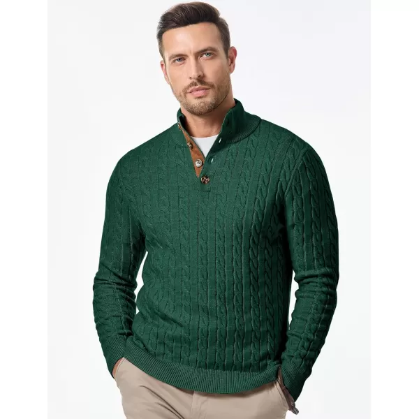 imageJMIERR Mens Cable Knit Pullover Sweater Casual Long Sleeve Stand Collar Button Knitted SweatersDark Green