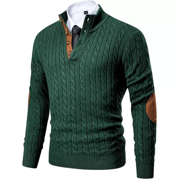 imageJMIERR Mens Cable Knit Pullover Sweater Casual Long Sleeve Stand Collar Button Knitted SweatersDark Green