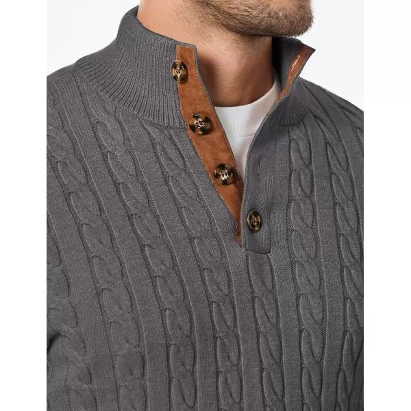 imageJMIERR Mens Cable Knit Pullover Sweater Casual Long Sleeve Stand Collar Button Knitted SweatersDark Grey