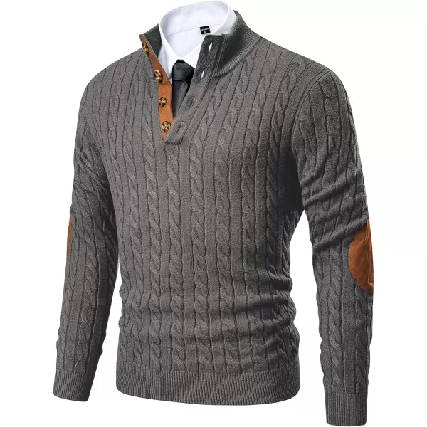 imageJMIERR Mens Cable Knit Pullover Sweater Casual Long Sleeve Stand Collar Button Knitted SweatersDark Grey