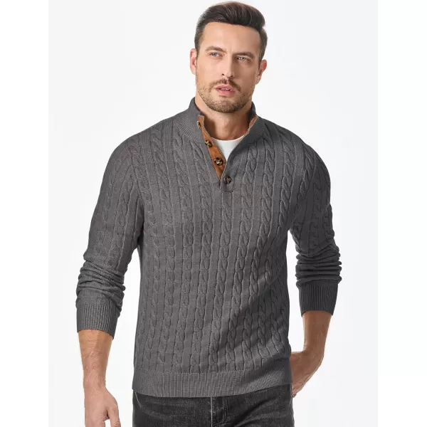 imageJMIERR Mens Cable Knit Pullover Sweater Casual Long Sleeve Stand Collar Button Knitted SweatersDark Grey
