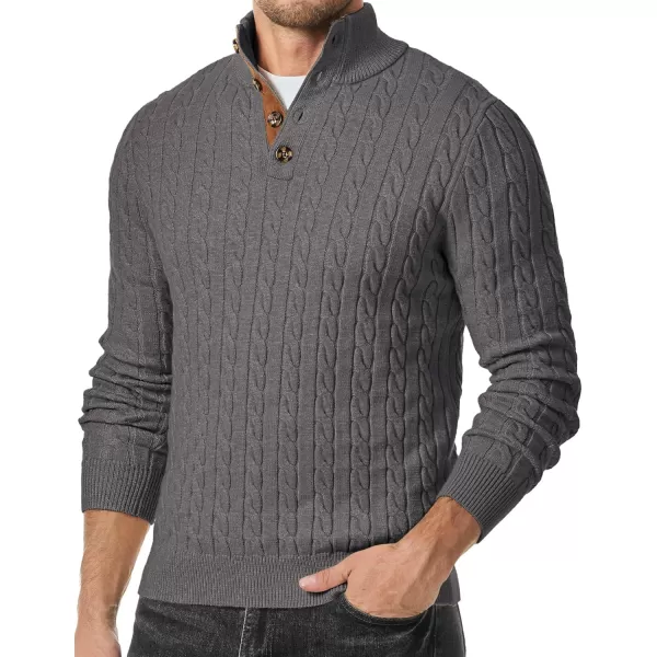 imageJMIERR Mens Cable Knit Pullover Sweater Casual Long Sleeve Stand Collar Button Knitted SweatersDark Grey