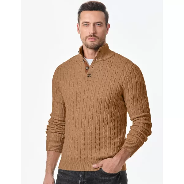 imageJMIERR Mens Cable Knit Pullover Sweater Casual Long Sleeve Stand Collar Button Knitted SweatersKhaki