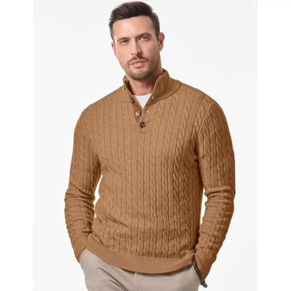 imageJMIERR Mens Cable Knit Pullover Sweater Casual Long Sleeve Stand Collar Button Knitted SweatersKhaki