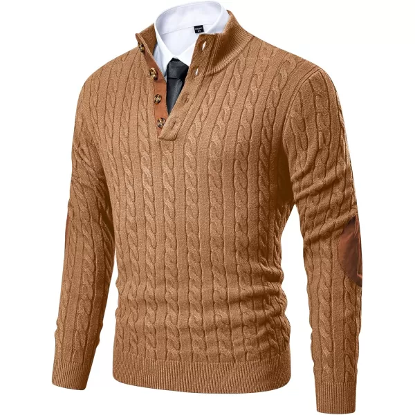 imageJMIERR Mens Cable Knit Pullover Sweater Casual Long Sleeve Stand Collar Button Knitted SweatersKhaki