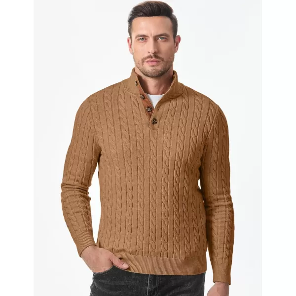 imageJMIERR Mens Cable Knit Pullover Sweater Casual Long Sleeve Stand Collar Button Knitted SweatersKhaki
