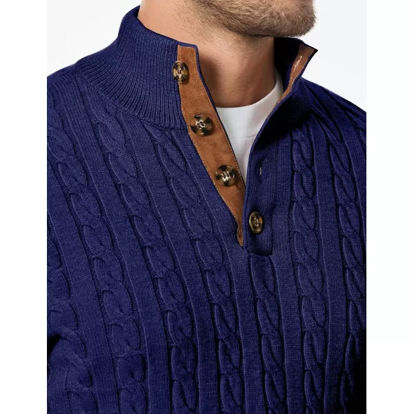 imageJMIERR Mens Cable Knit Pullover Sweater Casual Long Sleeve Stand Collar Button Knitted SweatersNavy Blue
