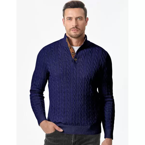 imageJMIERR Mens Cable Knit Pullover Sweater Casual Long Sleeve Stand Collar Button Knitted SweatersNavy Blue