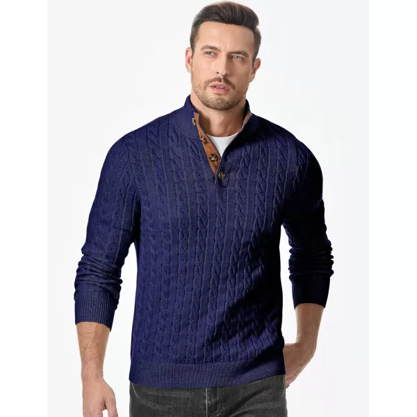 imageJMIERR Mens Cable Knit Pullover Sweater Casual Long Sleeve Stand Collar Button Knitted SweatersNavy Blue