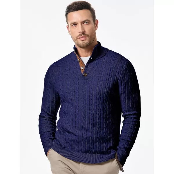 imageJMIERR Mens Cable Knit Pullover Sweater Casual Long Sleeve Stand Collar Button Knitted SweatersNavy Blue