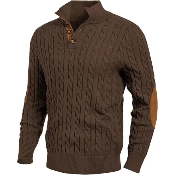 imageJMIERR Mens Cable Knit Pullover Sweater Casual Long Sleeve Stand Collar Button Knitted SweatersBrown