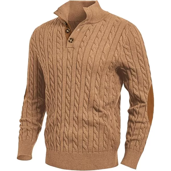 imageJMIERR Mens Cable Knit Pullover Sweater Casual Long Sleeve Stand Collar Button Knitted SweatersKhaki