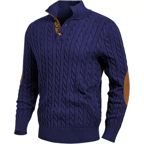 imageJMIERR Mens Cable Knit Pullover Sweater Casual Long Sleeve Stand Collar Button Knitted SweatersNavy Blue