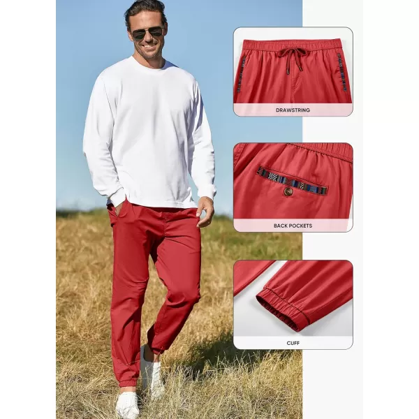 imageJMIERR Mens Casual Chino Joggers Pants Cotton Twill Elastic Drawstring Waist Tapered Pants with PocketsRed