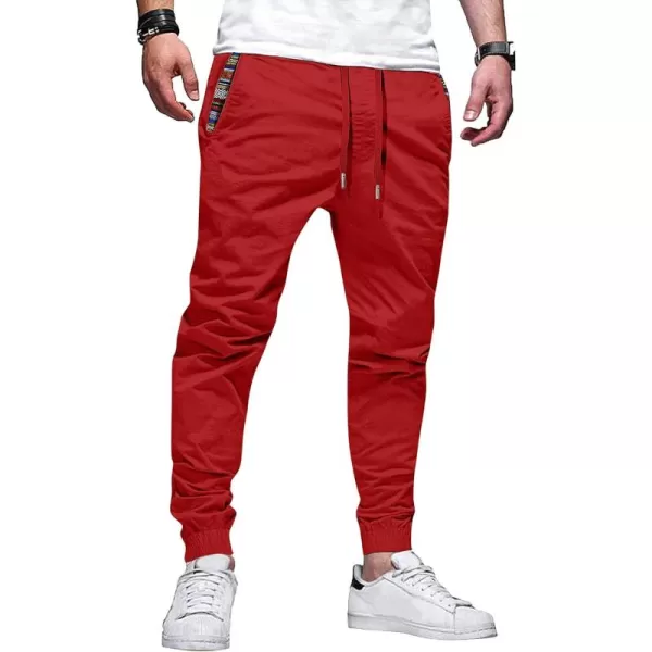 imageJMIERR Mens Casual Chino Joggers Pants Cotton Twill Elastic Drawstring Waist Tapered Pants with PocketsRed