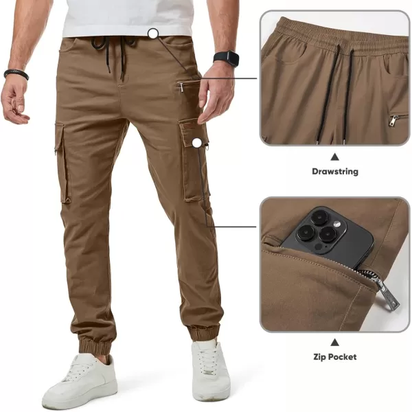 imageJMIERR Mens Cargo Pants Drawstring Stretch Waist Waist Twill Joggers Trousers with Zipper PocketsBrown