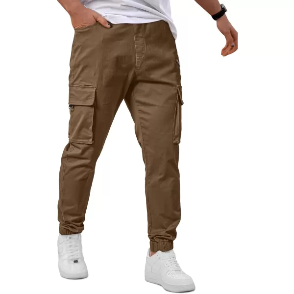 imageJMIERR Mens Cargo Pants Drawstring Stretch Waist Waist Twill Joggers Trousers with Zipper PocketsBrown