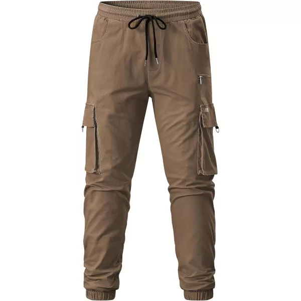 imageJMIERR Mens Cargo Pants Drawstring Stretch Waist Waist Twill Joggers Trousers with Zipper PocketsBrown