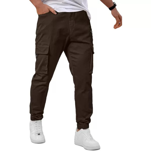 imageJMIERR Mens Cargo Pants Drawstring Stretch Waist Waist Twill Joggers Trousers with Zipper PocketsDark Brown
