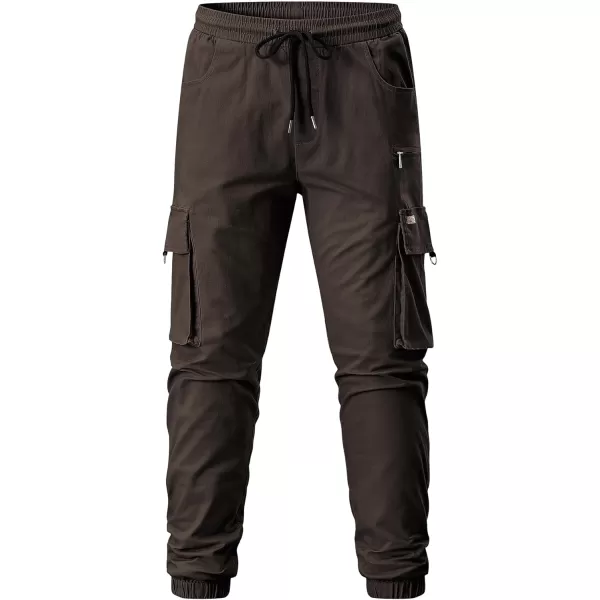 imageJMIERR Mens Cargo Pants Drawstring Stretch Waist Waist Twill Joggers Trousers with Zipper PocketsDark Brown