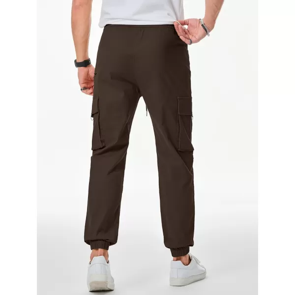 imageJMIERR Mens Cargo Pants Drawstring Stretch Waist Waist Twill Joggers Trousers with Zipper PocketsDark Brown