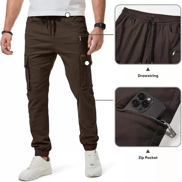 imageJMIERR Mens Cargo Pants Drawstring Stretch Waist Waist Twill Joggers Trousers with Zipper PocketsDark Brown