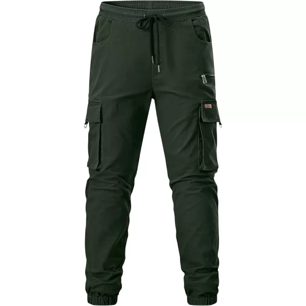imageJMIERR Mens Cargo Pants Drawstring Stretch Waist Waist Twill Joggers Trousers with Zipper PocketsDuffel Green