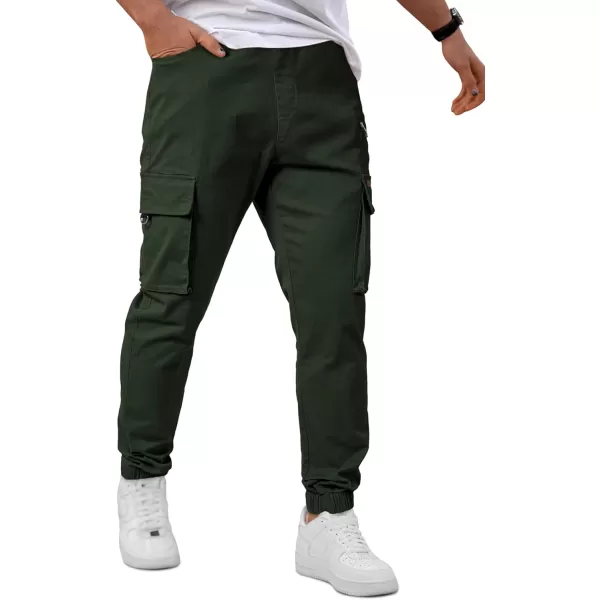 imageJMIERR Mens Cargo Pants Drawstring Stretch Waist Waist Twill Joggers Trousers with Zipper PocketsDuffel Green