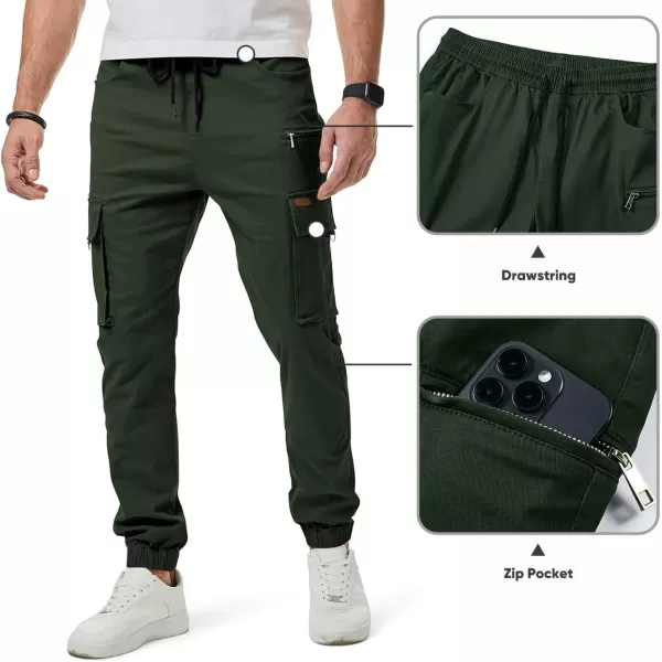 imageJMIERR Mens Cargo Pants Drawstring Stretch Waist Waist Twill Joggers Trousers with Zipper PocketsDuffel Green