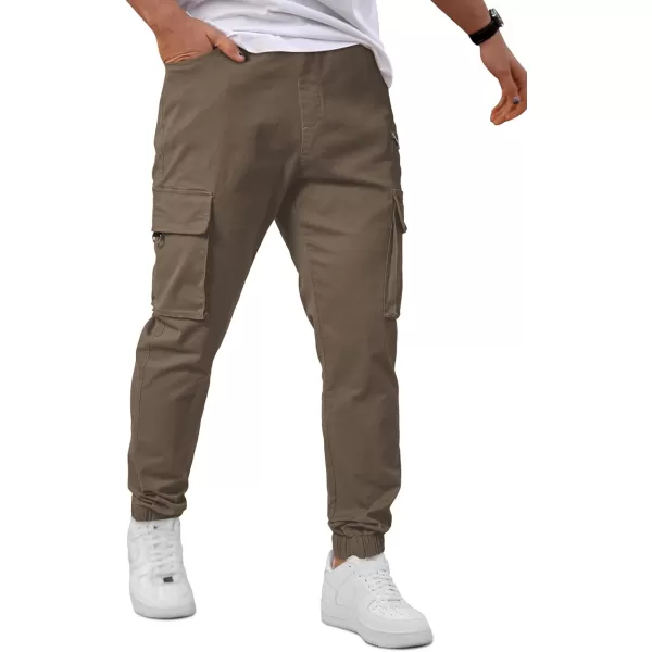 imageJMIERR Mens Cargo Pants Drawstring Stretch Waist Waist Twill Joggers Trousers with Zipper PocketsEarth Brown