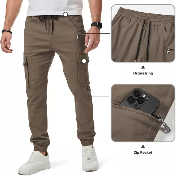 imageJMIERR Mens Cargo Pants Drawstring Stretch Waist Waist Twill Joggers Trousers with Zipper PocketsEarth Brown