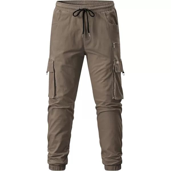 imageJMIERR Mens Cargo Pants Drawstring Stretch Waist Waist Twill Joggers Trousers with Zipper PocketsEarth Brown