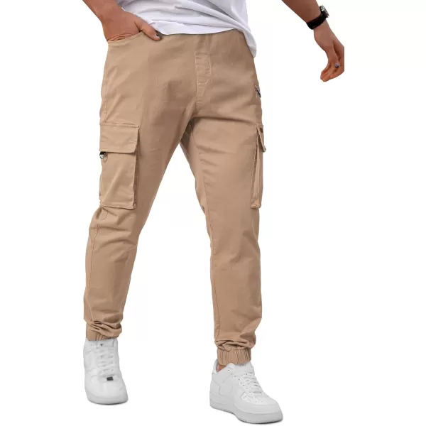 imageJMIERR Mens Cargo Pants Drawstring Stretch Waist Waist Twill Joggers Trousers with Zipper PocketsLight French Beige