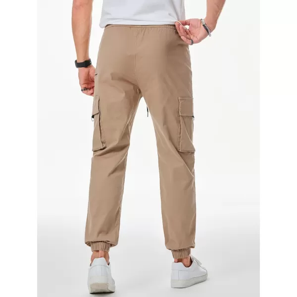 imageJMIERR Mens Cargo Pants Drawstring Stretch Waist Waist Twill Joggers Trousers with Zipper PocketsLight French Beige
