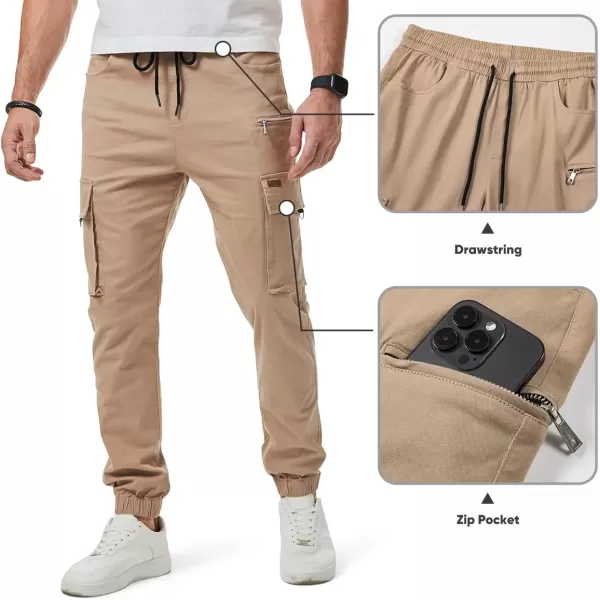 imageJMIERR Mens Cargo Pants Drawstring Stretch Waist Waist Twill Joggers Trousers with Zipper PocketsLight French Beige